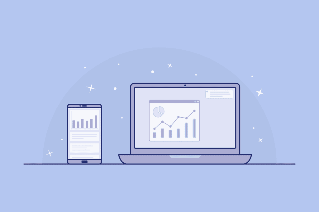 5 An illustration of an upward trending graph on a laptop and mobile screen showcasing business growth.